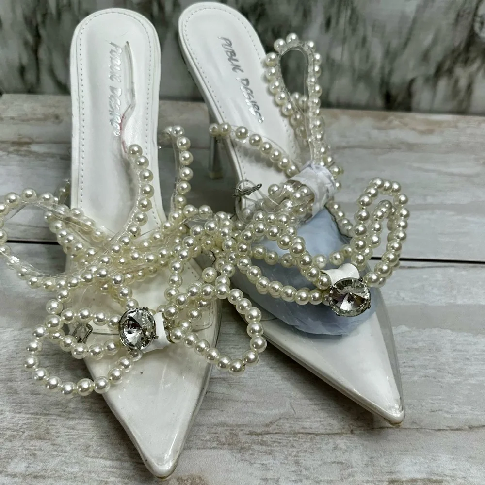 Public Desire White Pearl Stiletto Heels Shimmer Sparkly Wedding Cinderella - Picture 14 of 14